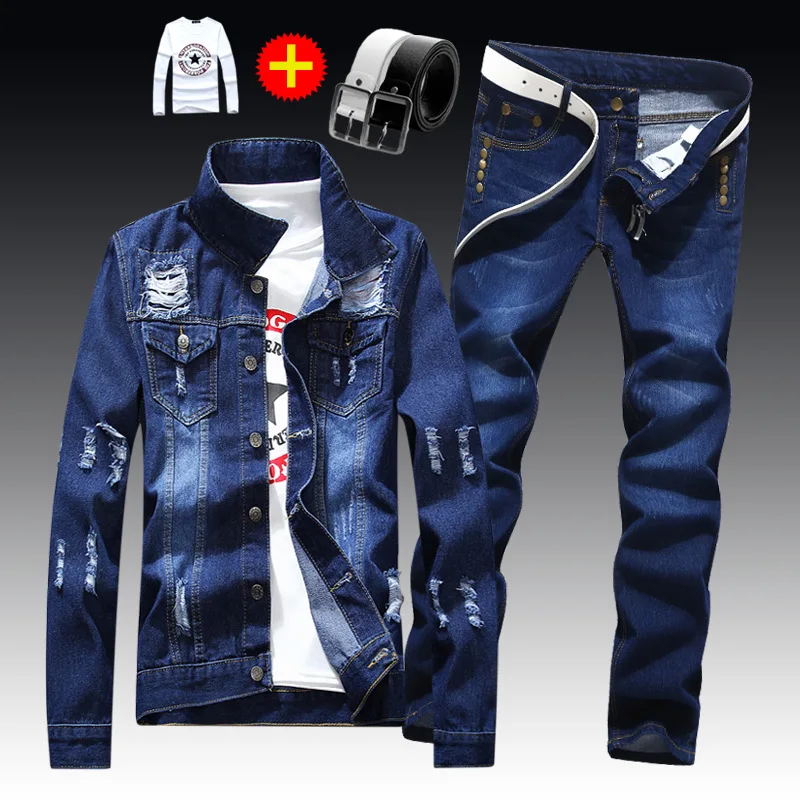 2pcs Set New Men's Denim Jacket Pants Single Breasted Holes Casual Coat + Trousers Cool Boys Jackets Free Send T-shirt+belt