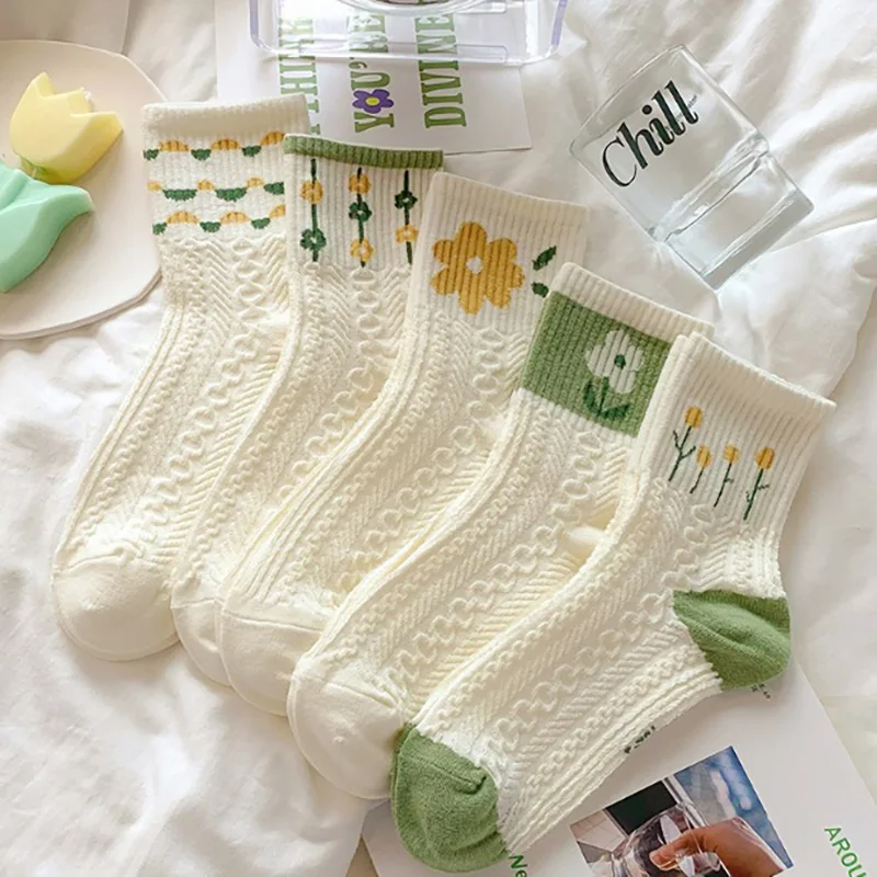 5Pcs Summer Thin Sweet Casual Short Socks Instagram Trendy Green Small Flower Shallow Mouth Breathable Socks