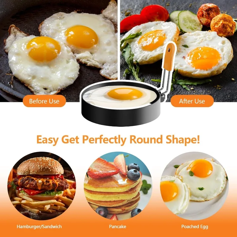 Stainless Steel Omelette Mold Professional Egg Ring Pancake Ring with Silicone Handle Oil Brush for Fried Eggs Omelets Muffins