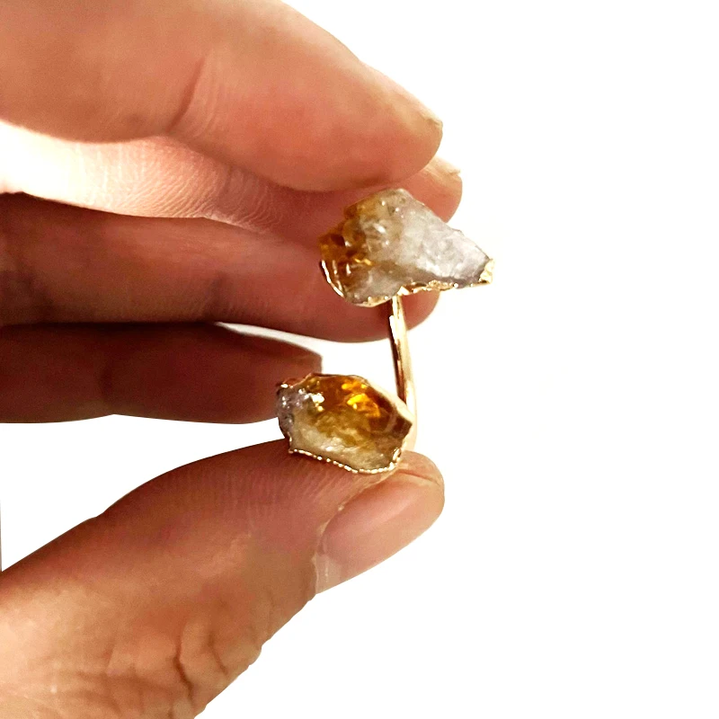 Citrine Open Ring for Women Girls Golden Irregular Handmade Raw Stone Finger Jewelry Adjustable Size