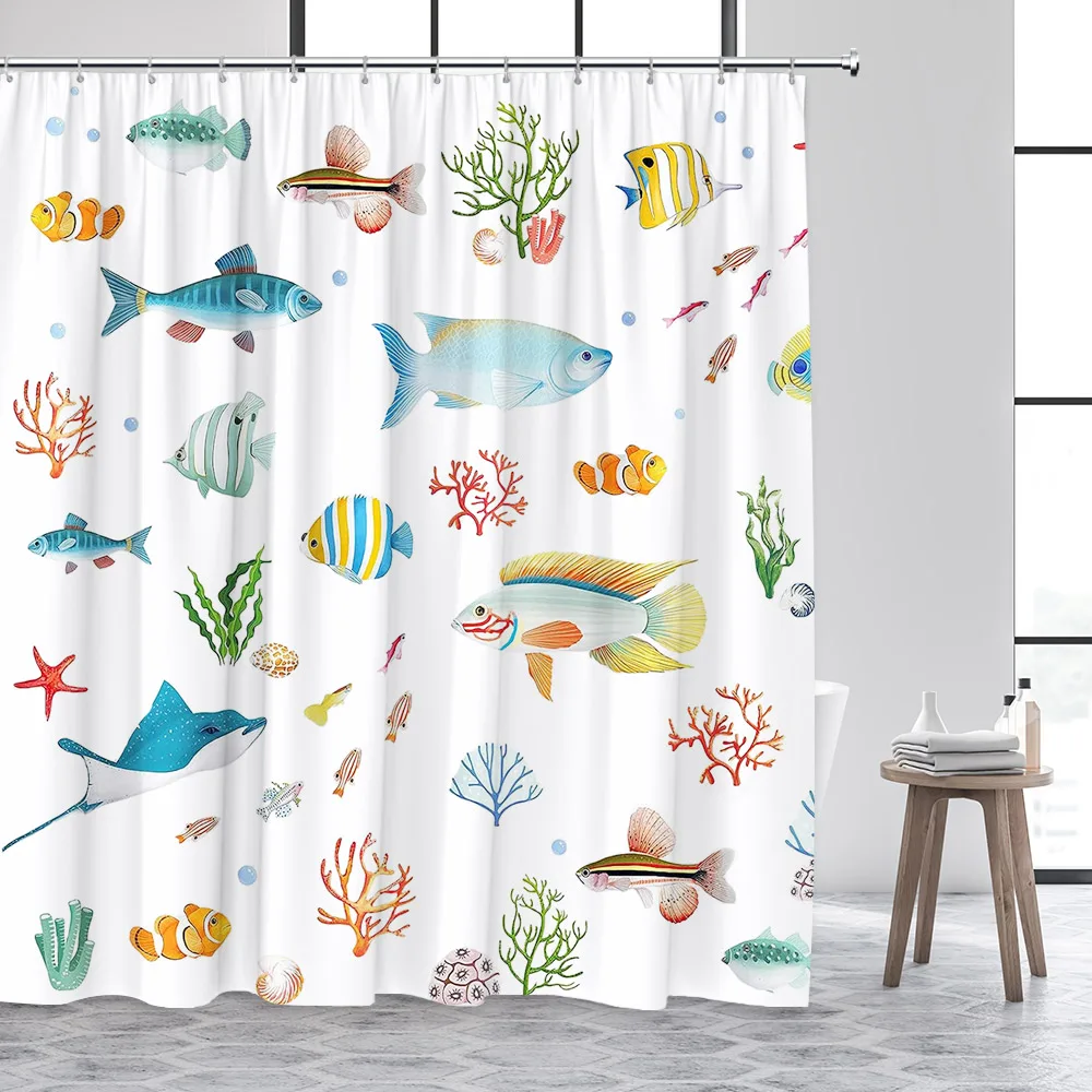 Cartoon Animals Kids Shower Curtains Cute Dogs Pet Ocean Fish Sea Turtle Whale Octopus Child Bathroom Curtain Decor with Hooks