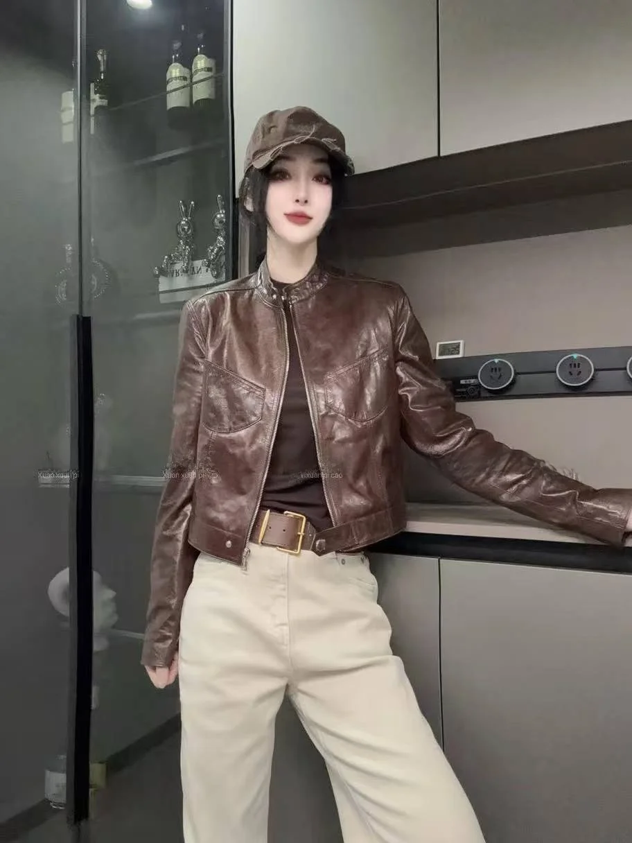 

Ning 2025 New Sle Women's Leather Jaet eepskin Coat Luxury Feel Small Size Genuine Leather Long Sve Zipper