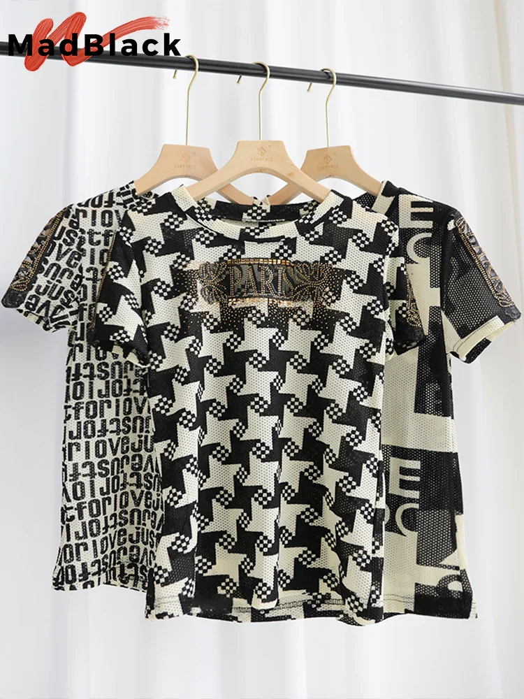 MadBlack-Camiseta con estampado de letras para mujer, Tops de manga corta con cuello redondo, retales de diamantes brillantes, T25004L
