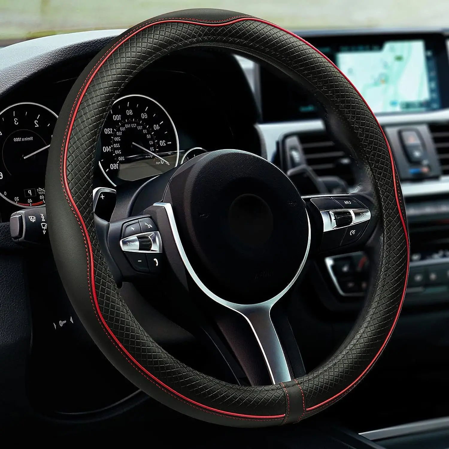 Fit Most No Inner Ring Steering Wheel Cover Embossed Faux Leather Nonslip Wear-Resistant Handbrake Gear Cover 38cm All Seasons