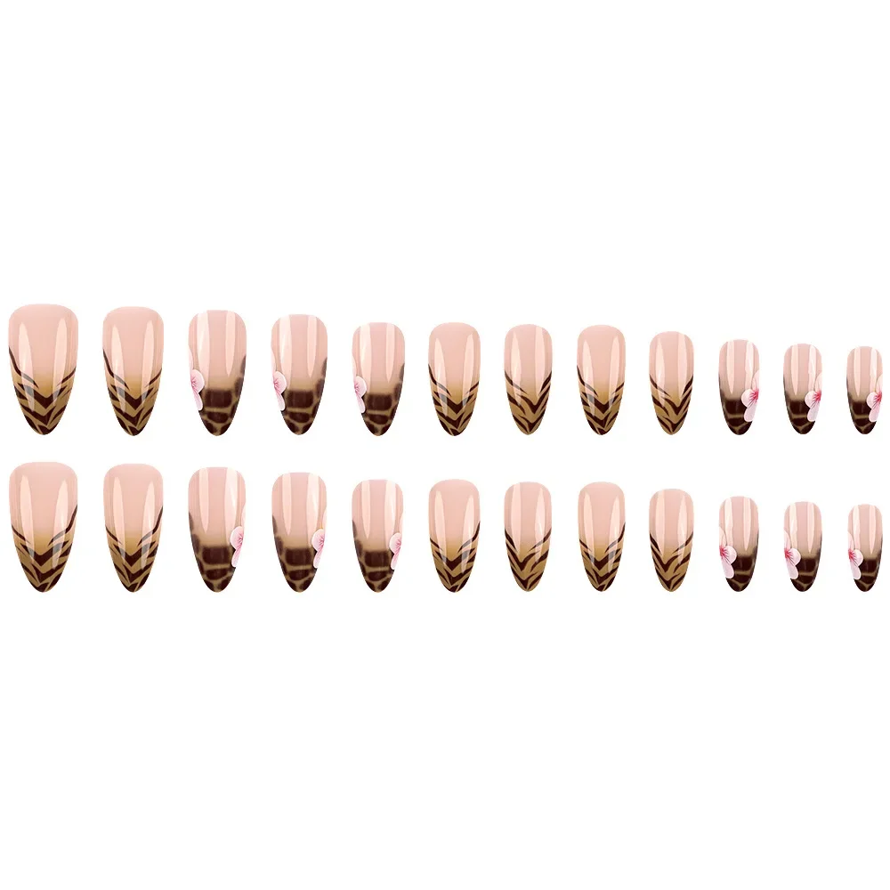 24Pcs Leopard French Press on Fake Nails with Flower Wearable Short  Almond False Nail Simple Unique Acrylic Full Over Nail Tips