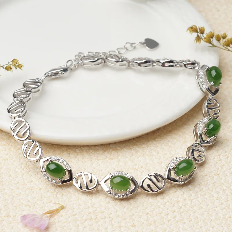 

BR 925 Silver Retro Pattern Jade Bracelet with Hetian Nephrite - Best Birthday Gift for Girlfriend