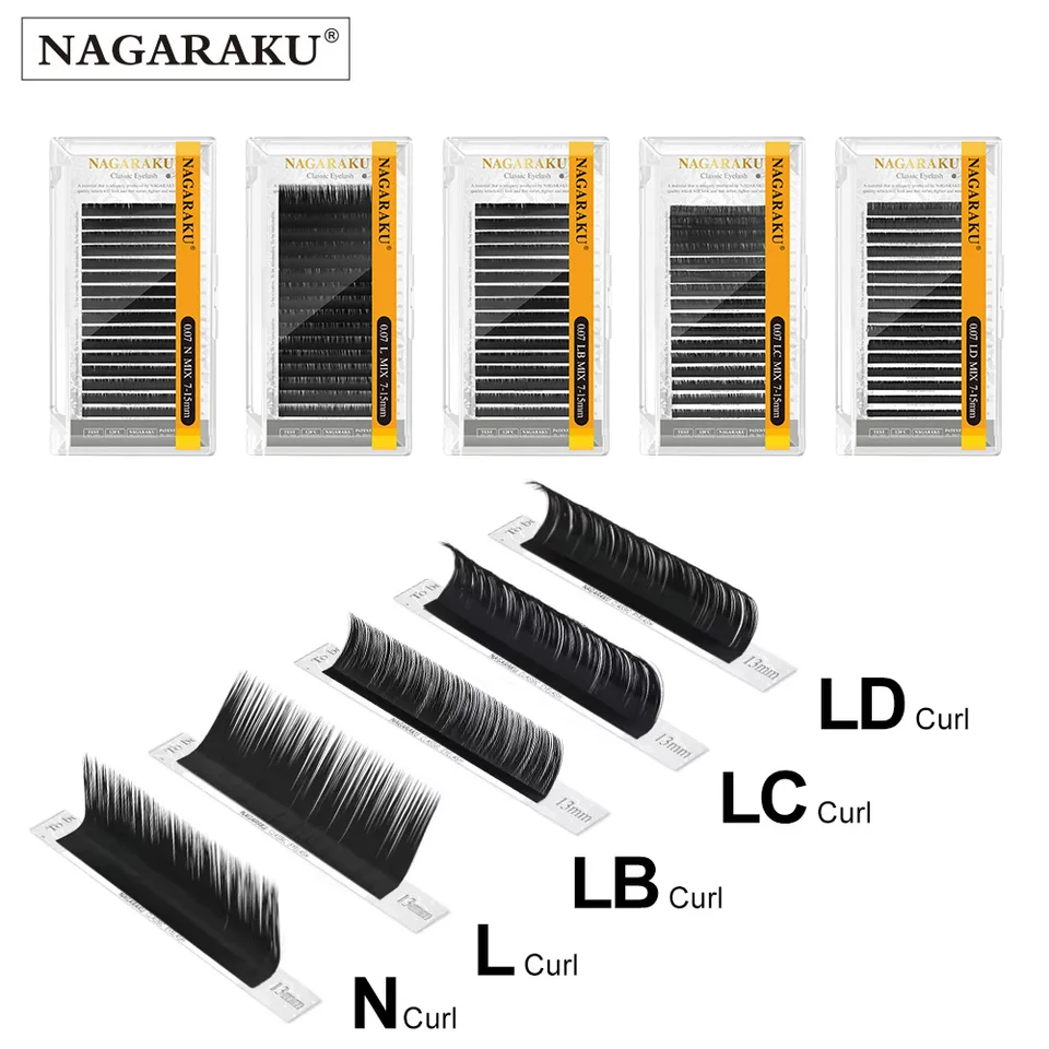 NAGARAKU: pestañas de visón sintético individuales, rizos LB LC LD N L, 7-15mm, 16 líneas, naturales y suaves
