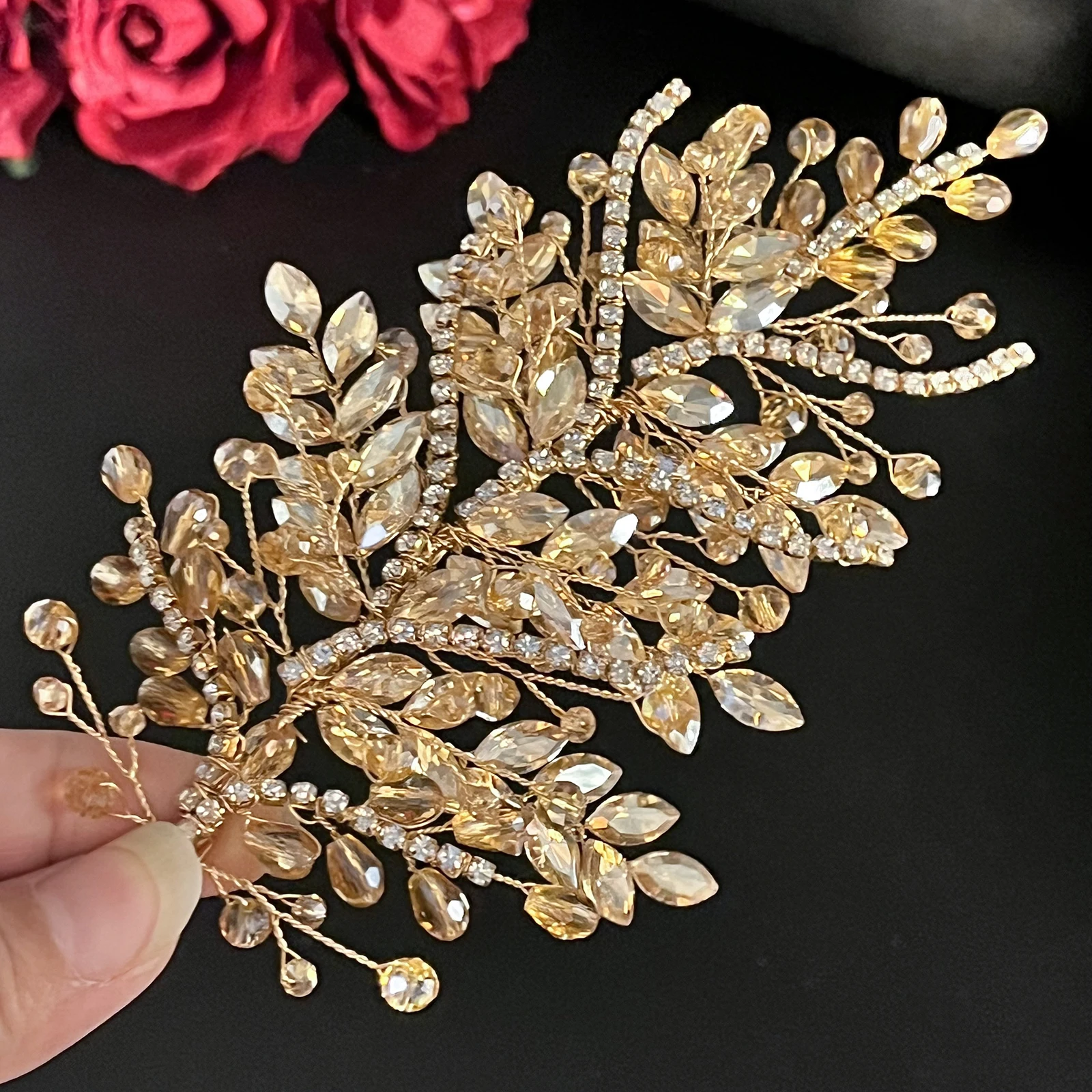 DZ256 Champagne Crystal Wedding  Headband Trendy Bridal Hair Accessories Handmade  Party Headpiece for Women and Girls Tiara