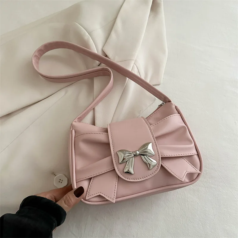 

Sweet Bow Small Underarm Bag for Women Fashion PU Leather Ladies Portable Shoulder Bags Solid Color Female Clutch Handbags