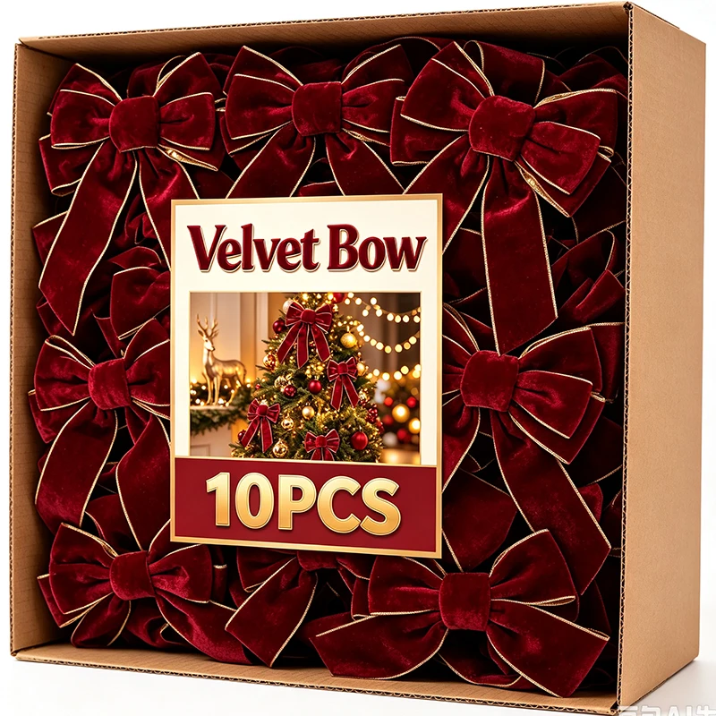 Velvet Ribbon Roll - 10/1Pcs Claret Velvet Bow Christmas Tree