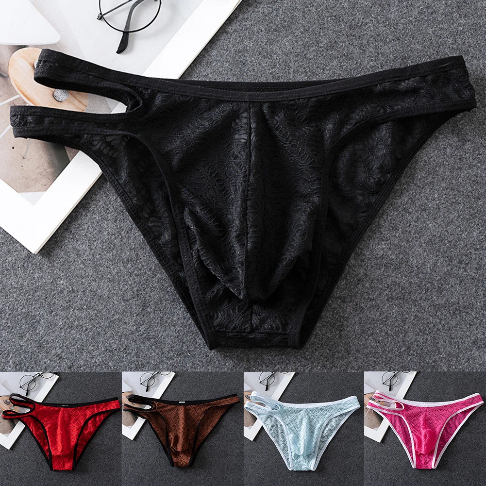 Mens Sexy Briefs Lace Underwear Sissy Pouch Low Rise Briefs Triangle Pants Transparent Low Rise Underpants