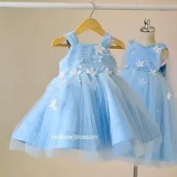 Vestido de baile azul cielo para niña, vestidos de niña bebé para boda, apliques de cuentas, vestidos de niña de flores con lazo escalonado, vestidos de cumpleaños para niños