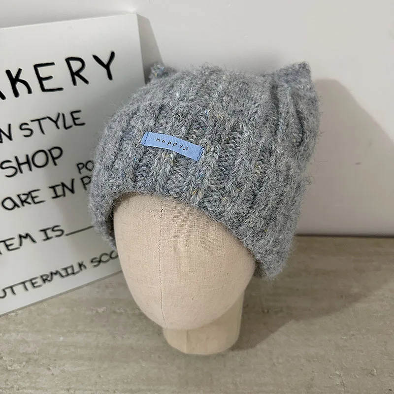 Koreanischer Stil, mehrfarbige Katzenohren-Strickmütze für Damen, niedlich, dick und warm für Herbst und Winter, Skull-Beanie-Mütze. – Detail 1