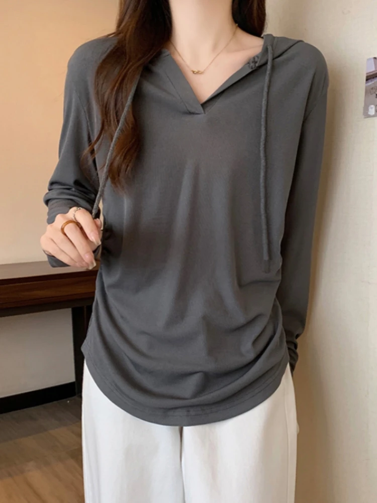 Fashionable Hooded Base Shirt T-Shirt Women's Spring Autumn New Large Size Fat MM Slimming Belly Covering Shoulder Top