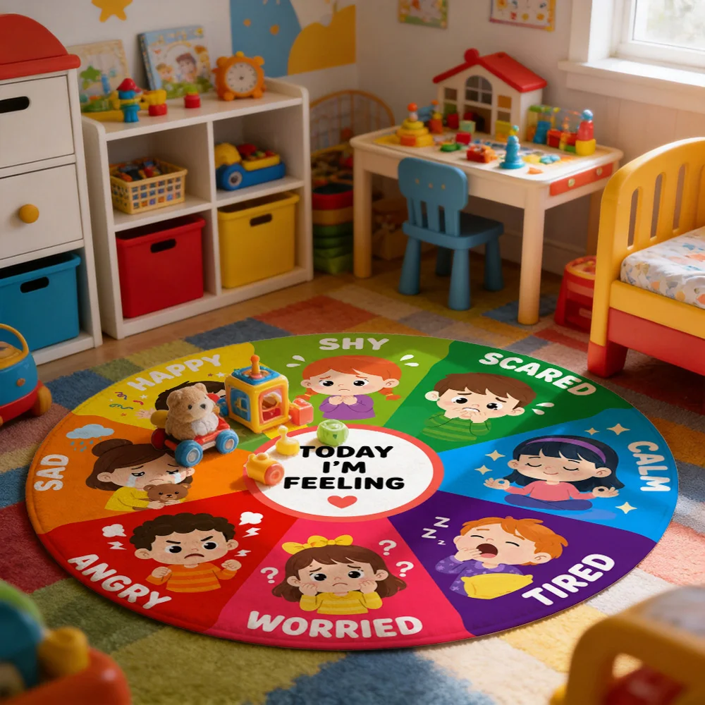 Kids Feelings Chart Play Mat Toddler Emotional Intelligence Learning Area Rug for Preschool Classroom Gift