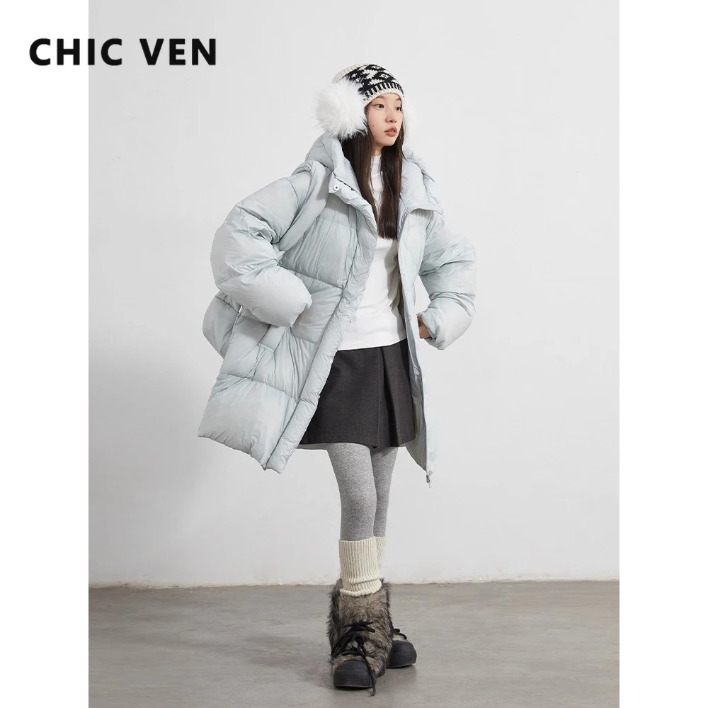CHIC VEN-abrigos de plumas para mujer, chaquetas coreanas informales lisas holgadas con capucha y cuello levantado, ropa cálida para mujer, Otoño Invierno nuevo 2025