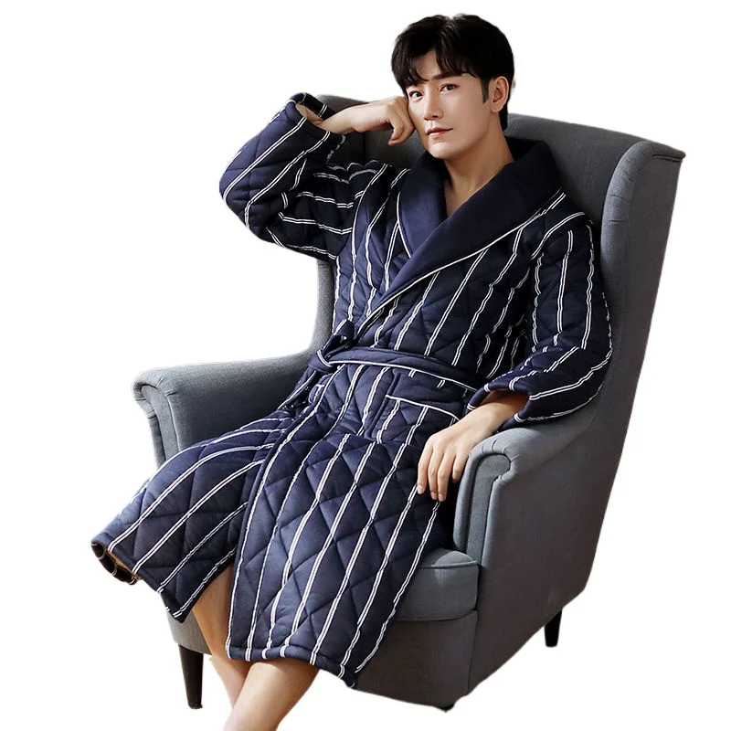 

Winter Men's Three-layer Warm Thickened Pure Cotton Padded Extra Thick Pajamas Extended Large-size Loungewear Nightgown Bathrobe