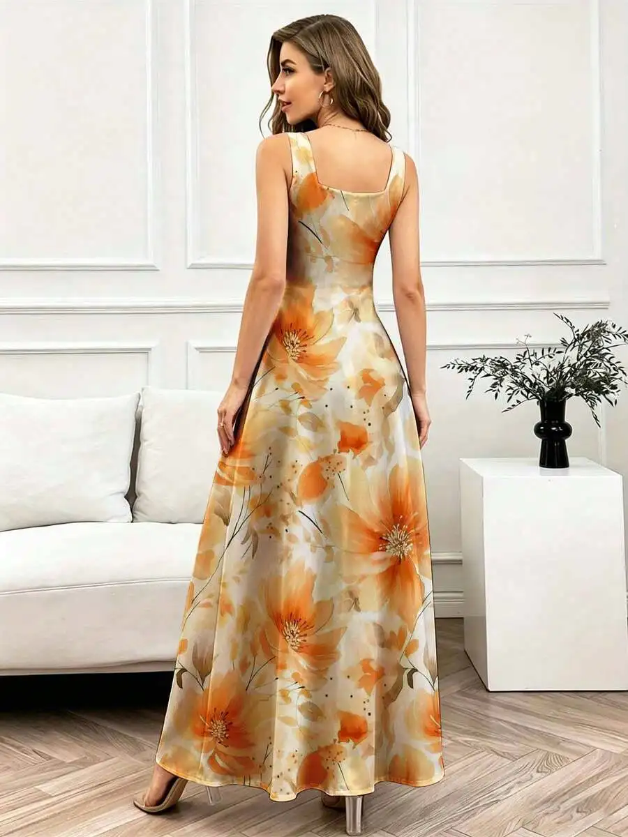 

Floral Print Sleeveless Maxi Dress With Square Neckline Elegant Long Dress For Casual Leisure