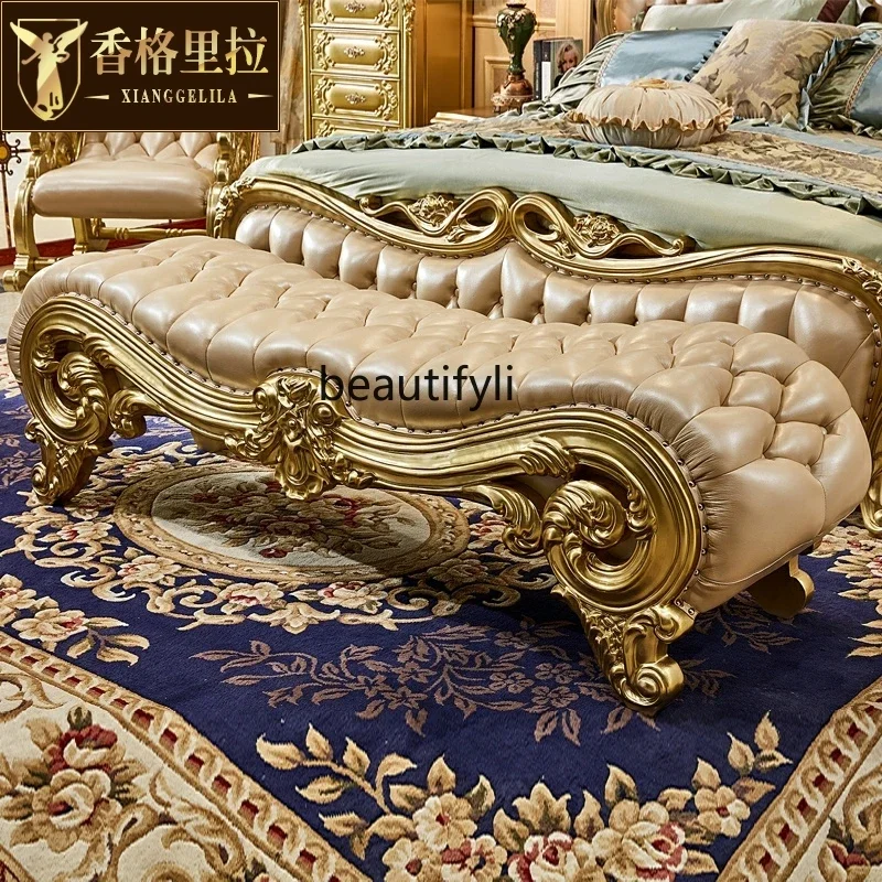 

B03 European-style first-layer cowhide bedside stool solid wood tailstool master bedroom furniture,champagne gold engraving luxu