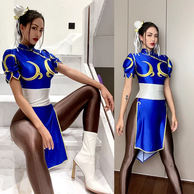 

Japanese Anime Street Fighter Cosplay Chunli Qipao Skirt Sexy 4Pcs Set Costume Roleplay Shiny Glossy Satin One-Piece Body Suit