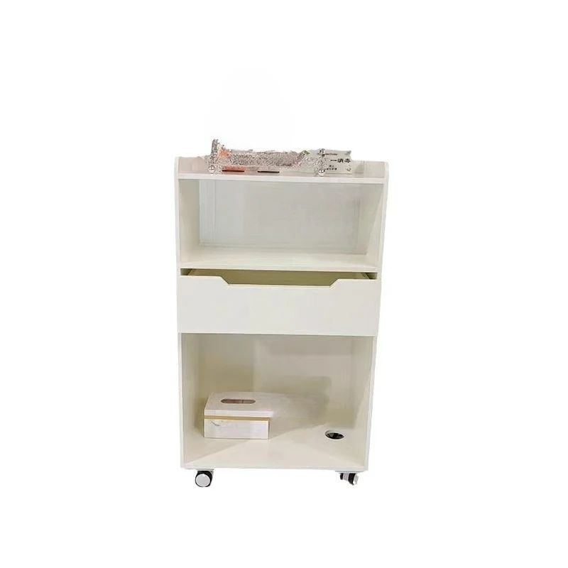 A three-story solid wood cart for a light luxury fashion beauty salon, instrument storage toolbox, layered shelves inside the to