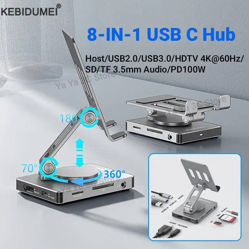 

USB-C Hub Складная подставка для планшета/телефона с USB3.0 USB2.0 HDTV 4K 60 Гц SD/TF 3,5 мм Audio PD 100 Вт для iPad Pro/Air Switch Mac