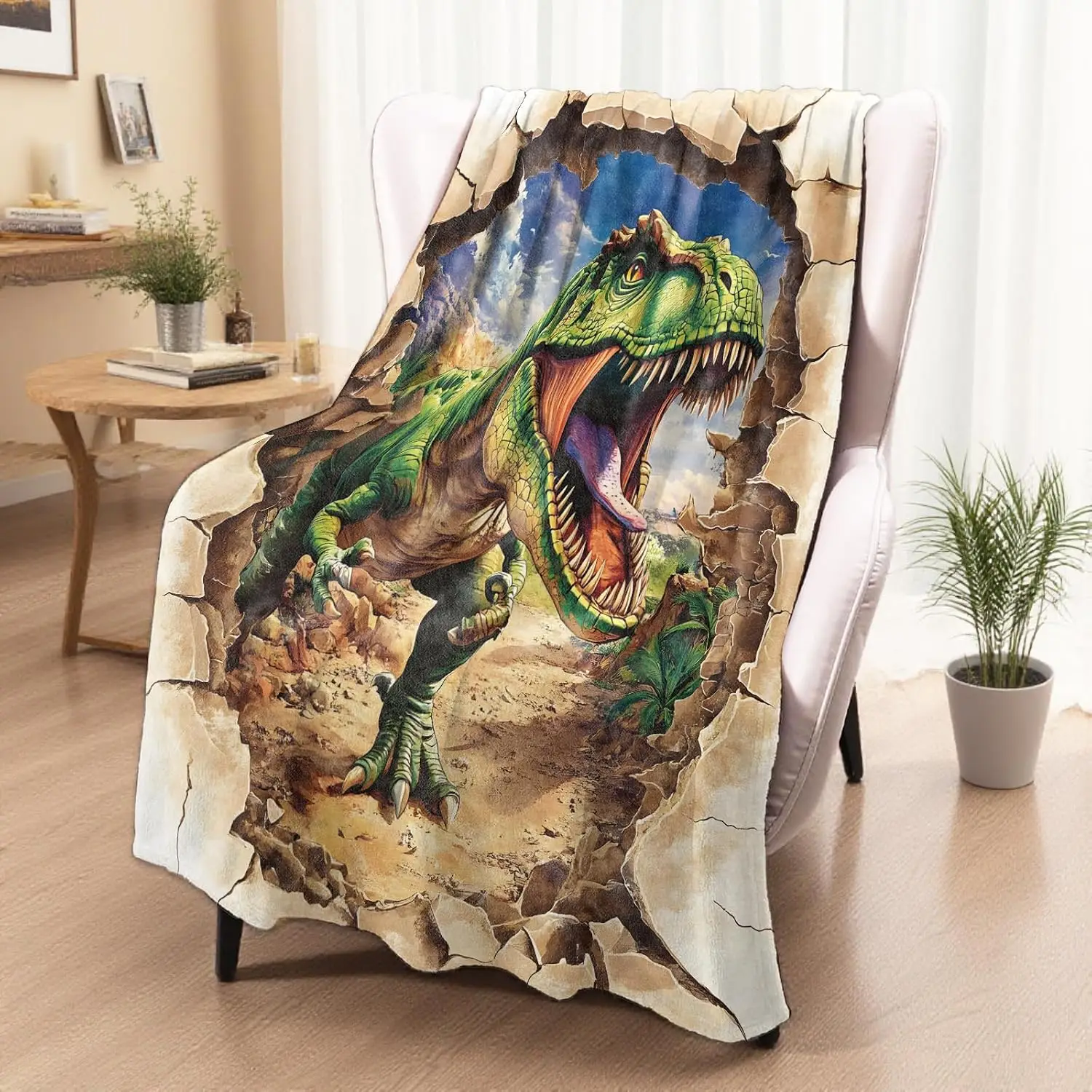 3D Crack Wall Huge Roaring Tyrannosaurus Rex Dinosaur Fleece Blanket Cozy Light Throw Bed Travel Dorm Boys Room Decor Present