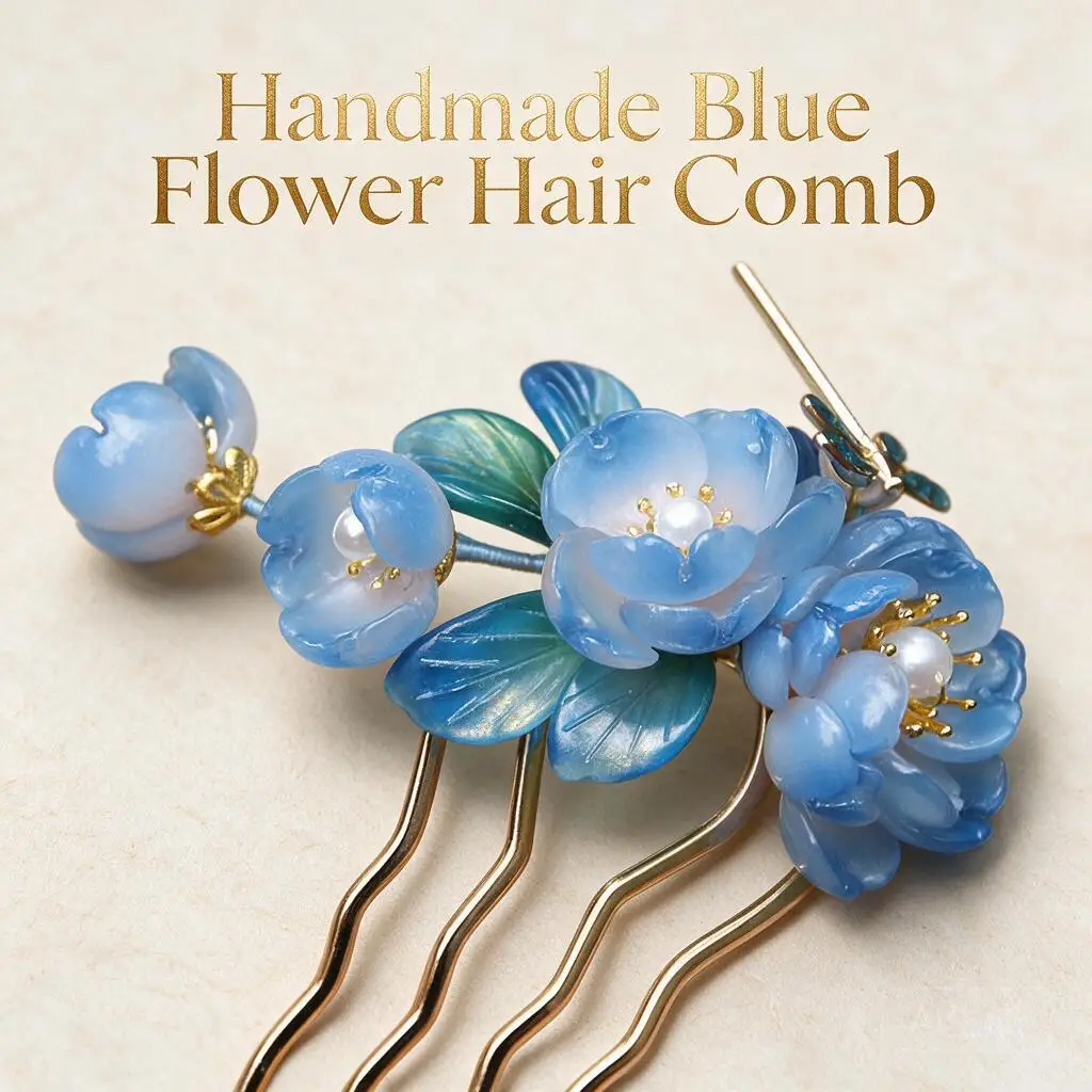 Vintage Chinese Hanfu Blue Glaze Flower Hair Comb Cute Dragonfly Updo Hair Fork Pin For Women Daily Party Cosplay Hair Pieces