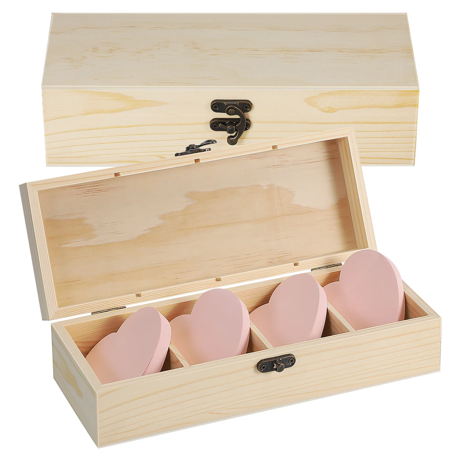 2Pcs Pine Wood Storage Organizer Box Rustic Four Compartment Container for Jewelry Card Holder Craft Storage Solution