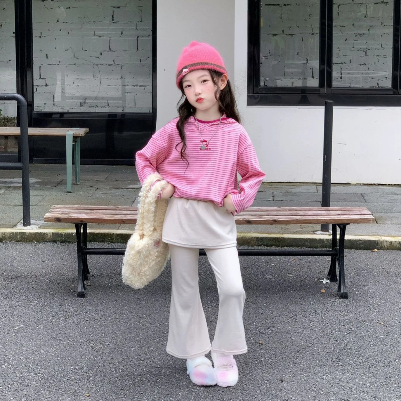 2026 autumn new children's clothing, girls' hooded striped sweatshirt, long sleeved T-shirt+beige bell bottom pants, long pants