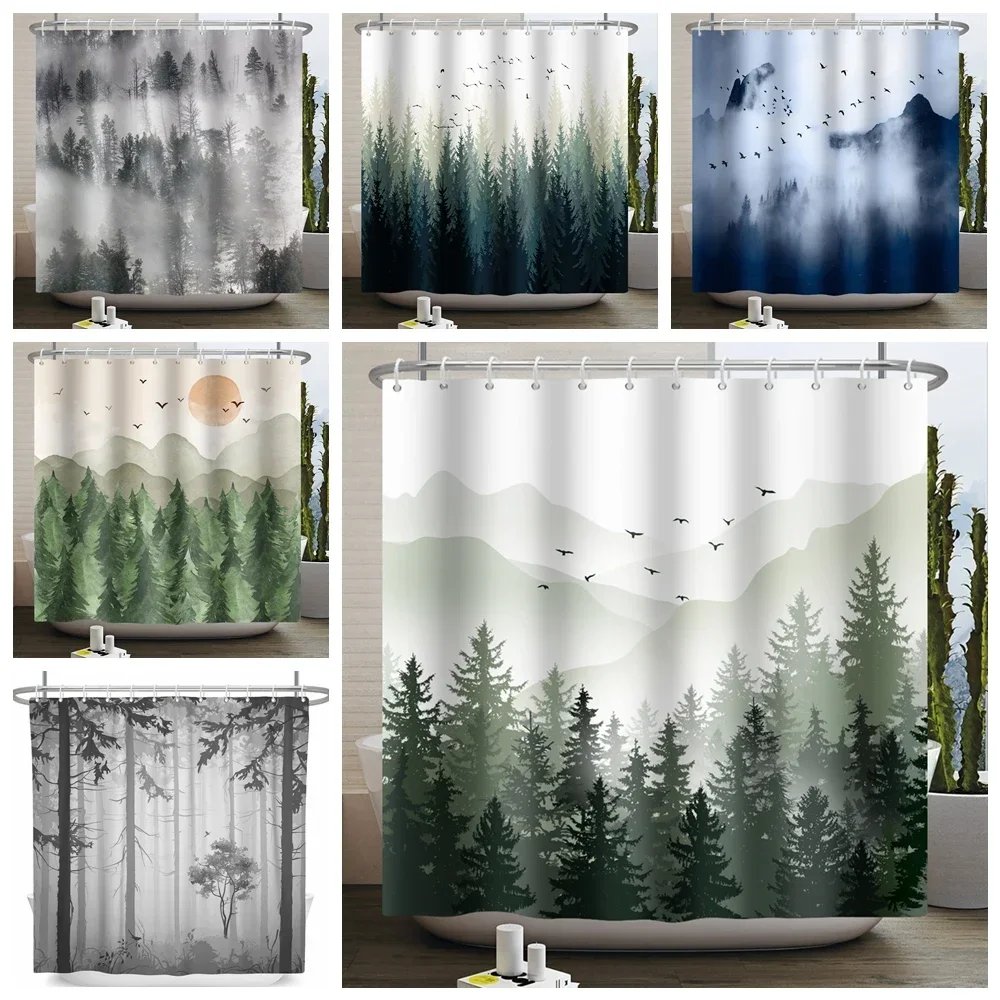 Misty Forest Shower Curtain for Bathroom Nature Mountain Tree Fog Woodland Waterproof Fabric Bathtub Shower Curtain Home Decor