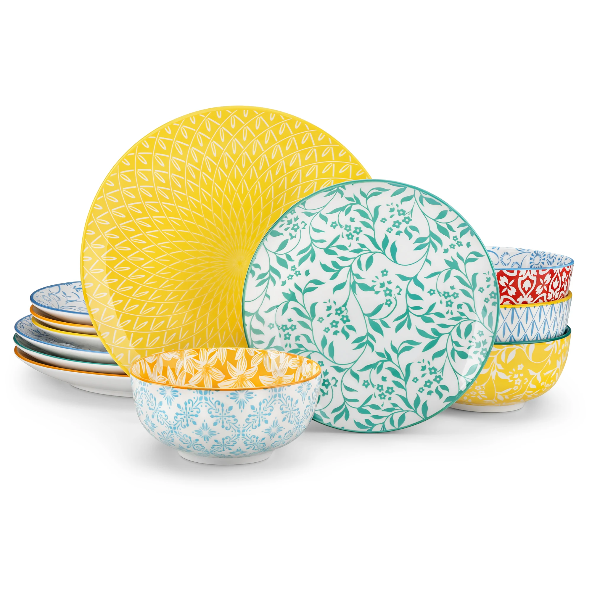vancasso - Juego de vajilla de gres con diseño floral colorido, 12/24 piezas, juego de platos de cerámica con 4/8 platos llanos/platos de postre/tazones para cereales