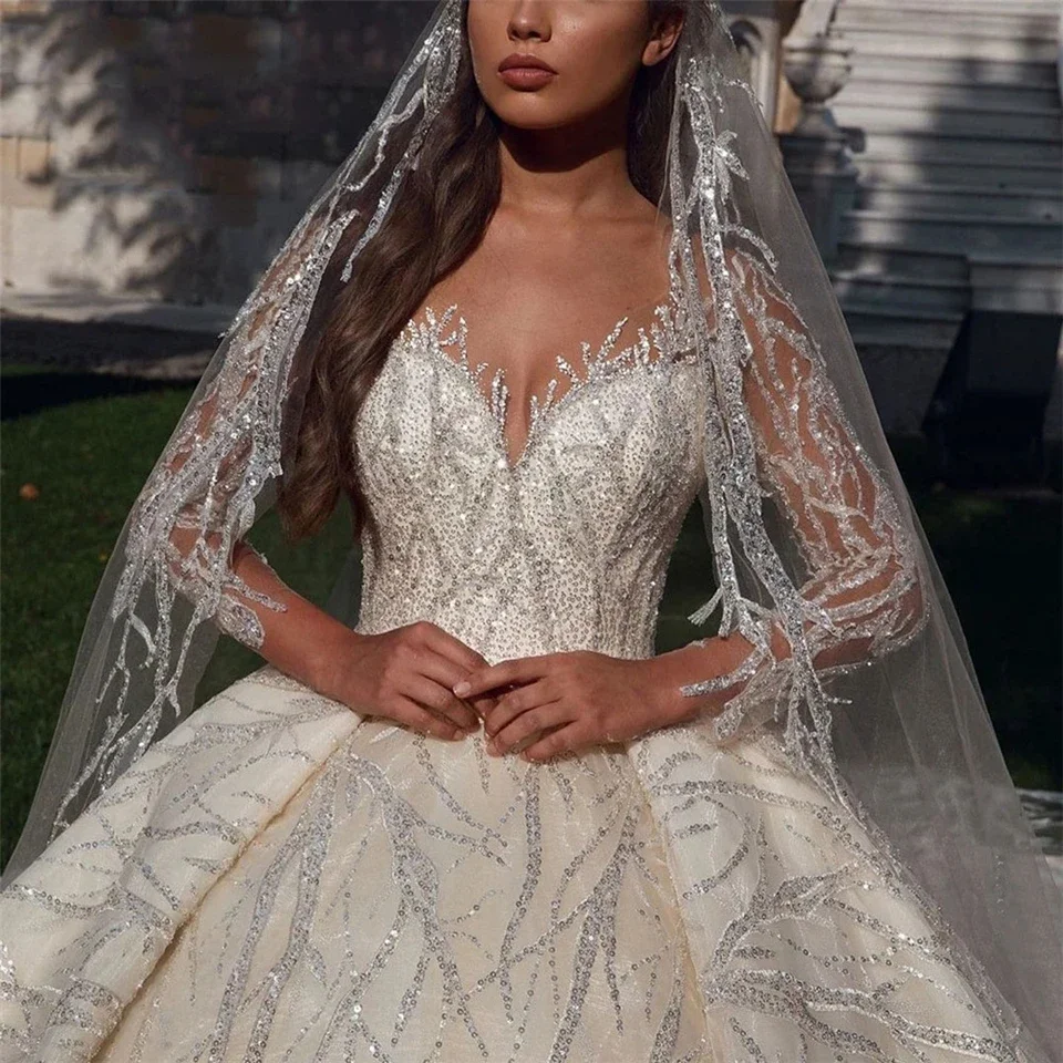 Flavinke personnalisé luxe robe De bal paillettes chérie robes De mariée manches longues robes De mariée saoudien arabe robes De Noiva