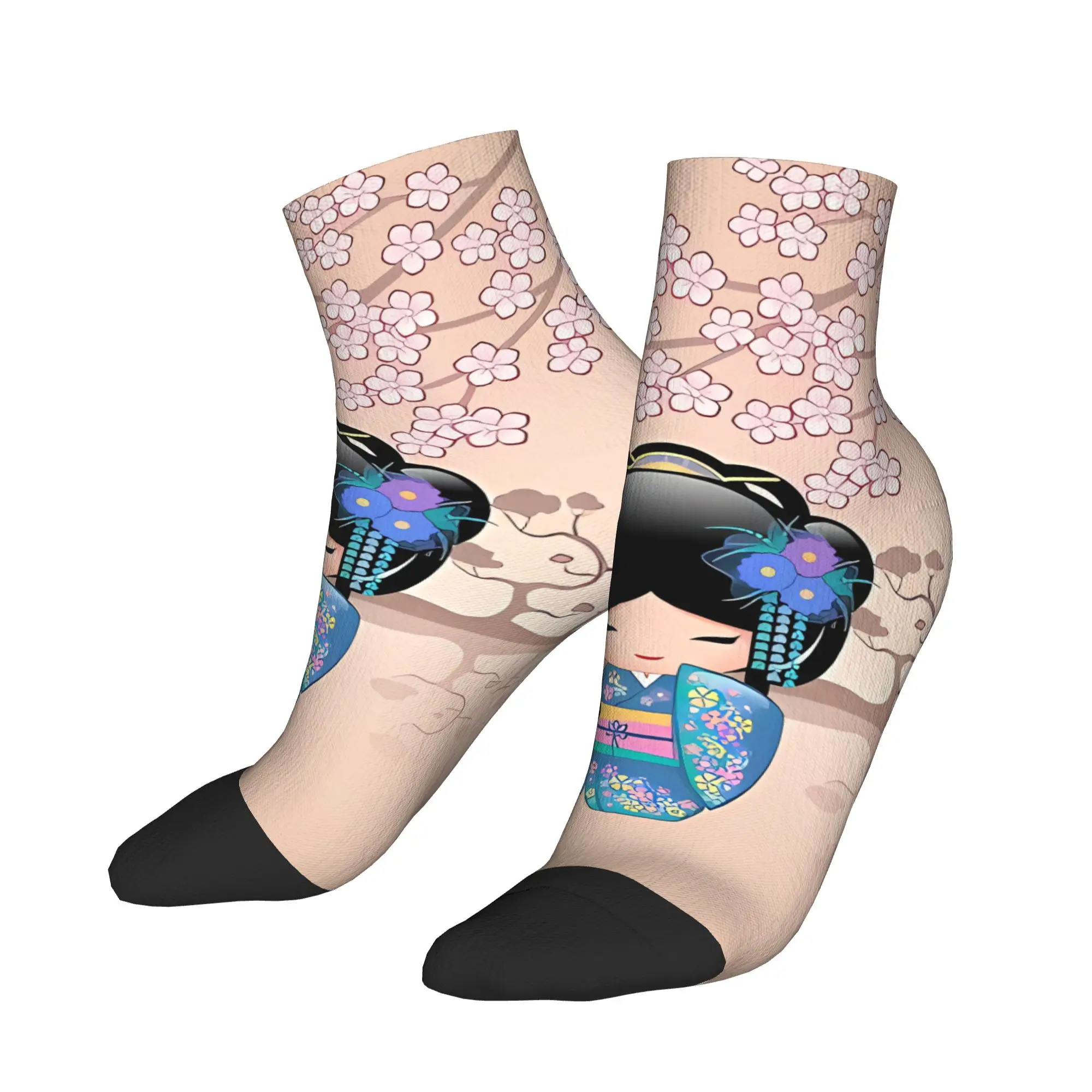 

Men Socks Kokeshi Doll Cherry Blossom Pagoda Background Korean Soft Breathable Ankle Sock Autumn Graphic Sports Anti-Slip Socks