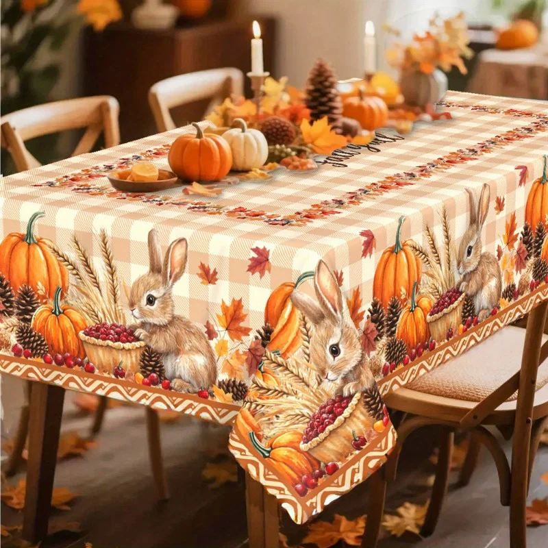 1pc Autumn Animal Pattern Tablecloth. The base is in a light brown pattern, featuring rabbits and pumpkins.zyc