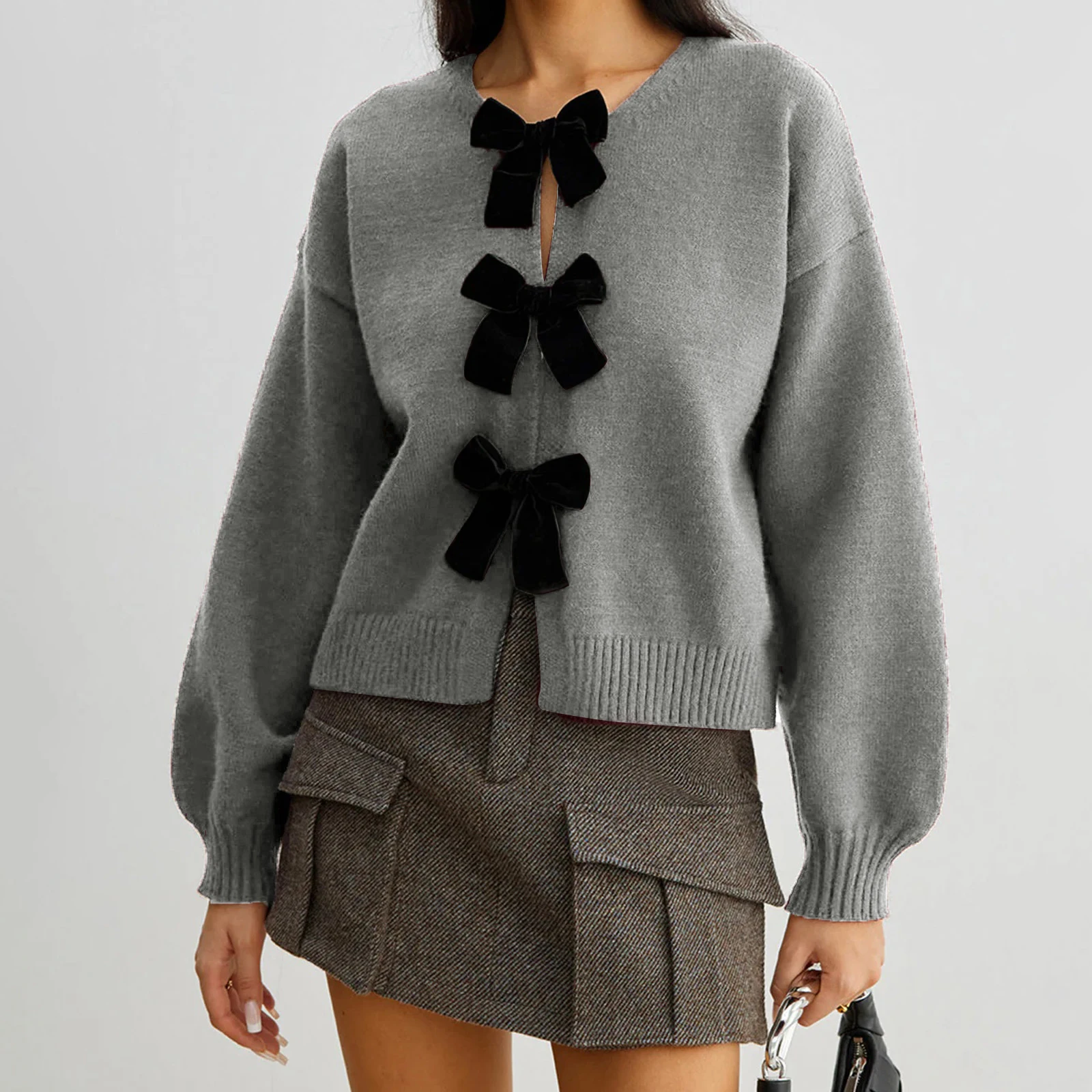 

Elegant Quality Bow Lace Up Sweater Coat Women's Autumn Sweater Cardigan Long Sleeve Round Neck 3D Bow Decor Loose Knitwear