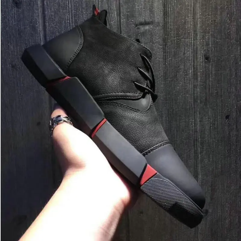 Brand High quality all Black Men\'s leather casual shoes Fashion Sneakers winter keep warm with fur flats big  size 45 46 896