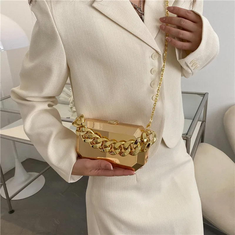 Metallic Box Bags for Women 2023 with Thick Chain Luxury Designer Handbag Hip Hop Party Fashion Mirror Small Shell Shoulder Bag