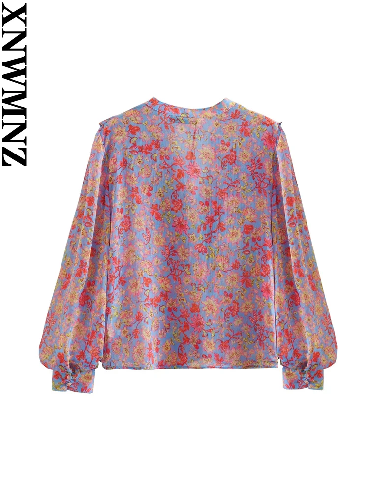 XNWMNZ 2023 Women Fashion Flower Print Shirt Vacation V-neck Long Sleeve Ruffle Front Button Top Female Chic Blouse