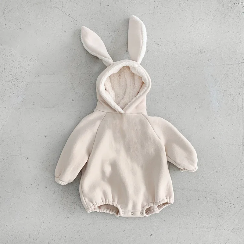 Korean new winter jumpsuit for baby boys and girls cute rabbit ear fleece hoodie hooded rompers