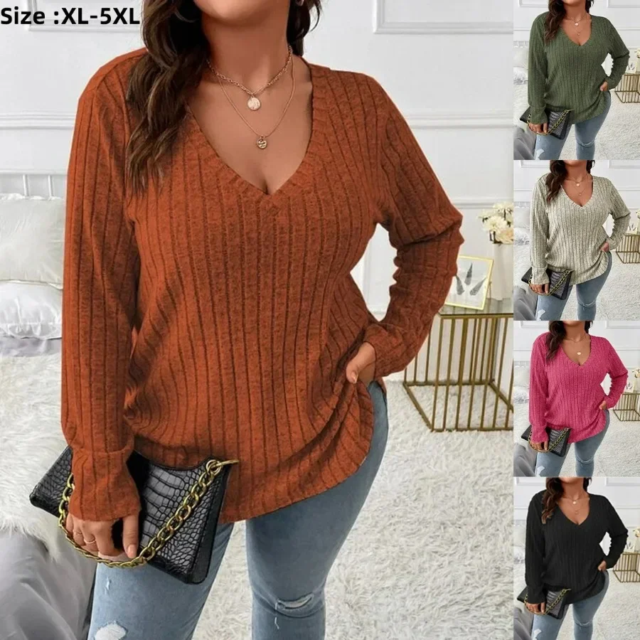 2024 Women\'s Casual Knitted Pullover Tees Plus Size Sexy V-Neck Long Sleeve Girls Solid Color T-Shirt Autumn Winter Sweater Tops