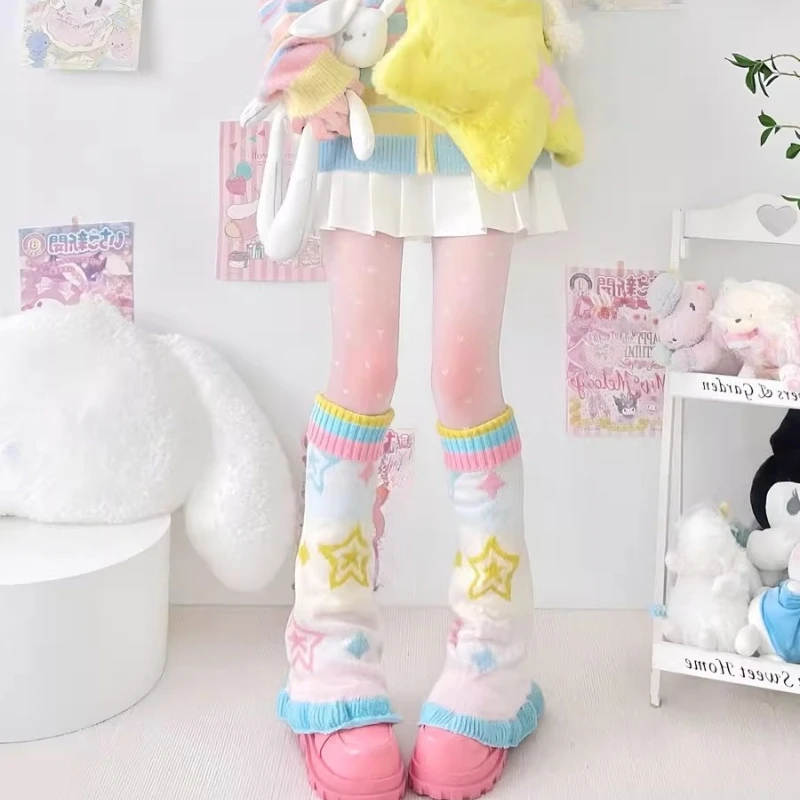 Japanese Design Flared Hosiery Colorful Y2K Star Comic Autumn Winter New Sweet Girl Y2k Knitted Wide Leg Socks Warmers Ladies