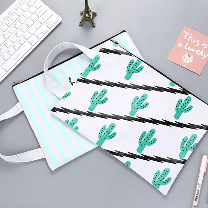 Cactus File Folder Document Bag A4 Paper Holder Grid Canvas Zipper Handbag Student Cute Stationery School Office Supplies