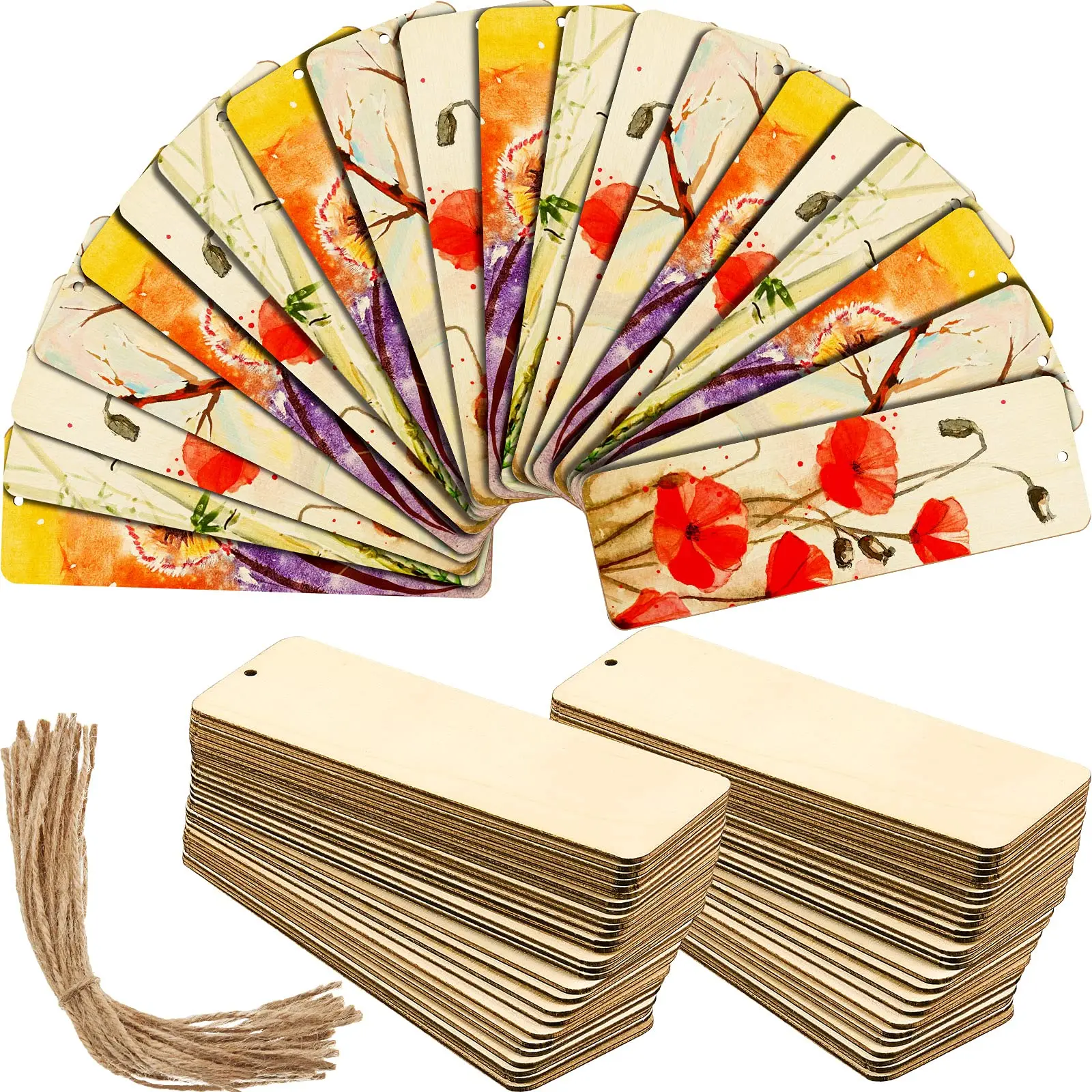 100Pcs Wood Blank Bookmarks Rectangle Hanging Tags Unfinished Wooden Book Markers Ornaments with Holes and Ropes for DIY Crafts