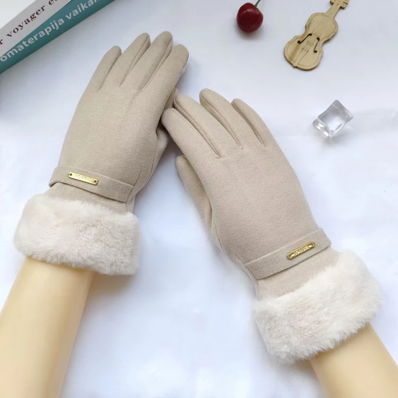 الخريف الشتاء الدافئة قفازات من جلد الغزال زائد المخملية سميكة أفخم ديكور الكفة قفازات في الهواء الطلق Coldproof لمس ركوب قفازات التزلج #2