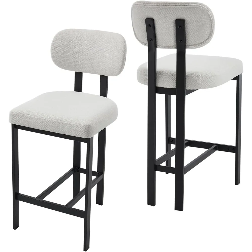 

Modern Counter Stools Set of 2, 26 Upholstered Barstools with Back, Sturdy Black Metal Legs Dining Stools with Footrest for Home