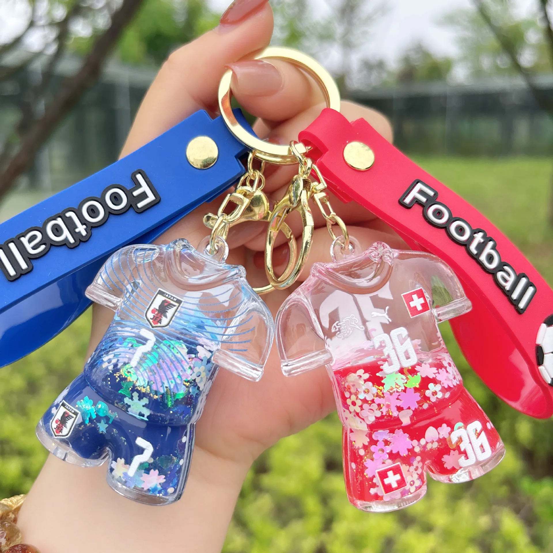 Creative Liquid Football Jersey Shape Keychain Cute Lovely Quicksand Floating  Sequins Pendant Key Chain Gifts for Football Fans