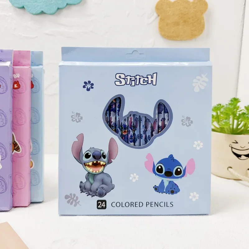 Nowy Zestaw Ołówków Anime Stitch 24 szt. Kawaii Artykuły Papiernicze dla Dzieci Pudełko Prezentowe z Temperówką Artykuły Szkolne dla Dzieci Hit Sprzedaży