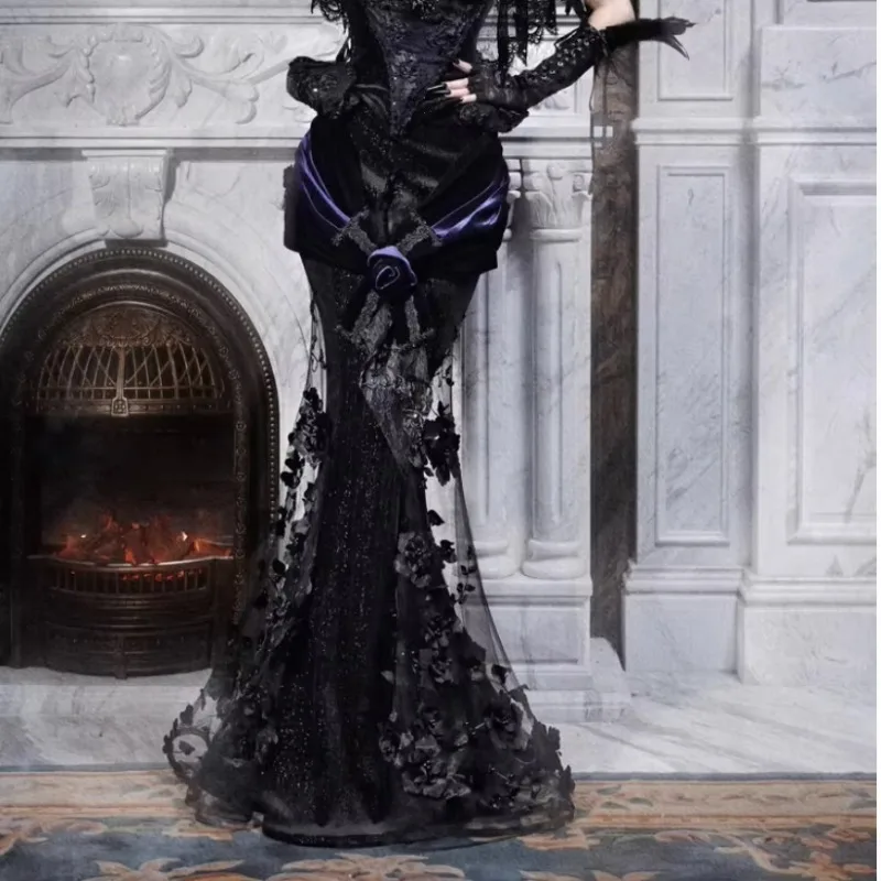 FallenVex Store Women Gothic Long Mermaid Skirt Velour Mesh Rose Embroidery Floor Length Trumpet Skirt Halloween Evening Formal