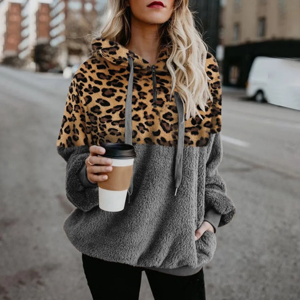 Women\'s New Fashionable and Personalized Street Style Casual and Versatile Long Sleeved Leopard Print Patchwork Zippered Hoodie